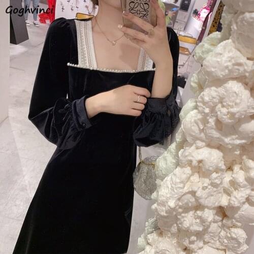 New Long Sleeve Dress Women Chic Square Collar Casual Patchwork All-match Korean Style Retro Black Fashion Lace Spring Elegant