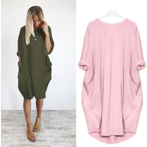 Autumn Womens Dresses Pocket Loose Dress Ladies Crew Neck Casual Long Girl Tops Dress Female Fashion Big Size S-XXL