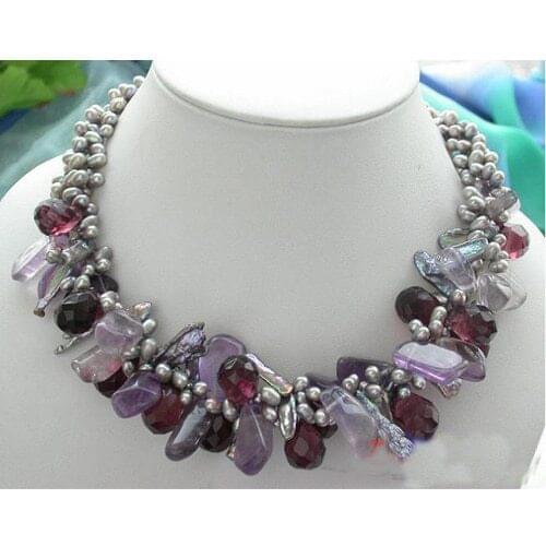Unique Pearl Necklace 3row Gray Rice Freshwater Pearl Massive Amethyst Drip Handmade Fine Jewelry Shell Fower Clasp Woman Gift