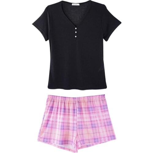 Short Sleeve V-neck Casual T-shirt Floral Print Hot Shorts 2 Pieces Pajamas Set Spring Summer Nightwear Women Home Clothes