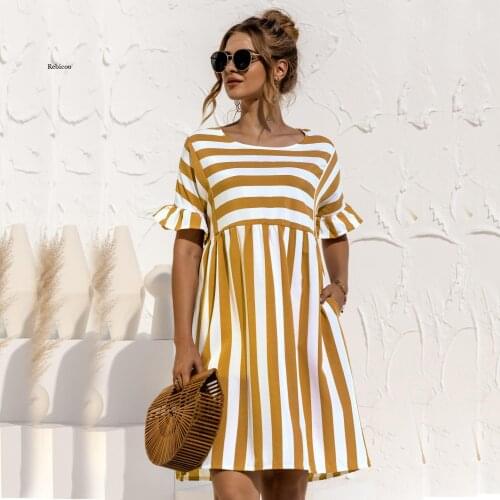 Women Strip Dress Summer Fashion O-Neck A-Line Straps Striped Ruffles Casual Pullover Womens Knee-Length Dress for Female
