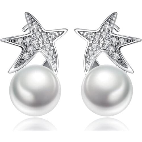 100% 925 sterling silver fashion shiny crystal Starfish pearl adies' stud earrings wholesale jewelry birthday gift