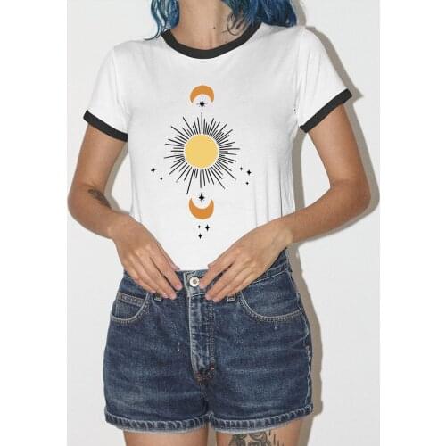 Sun Moon Art T-shirts Sunshine Shirts Universe Lunar Skies Line Art Tee Women fashion casual aesthetic art vintage Tops