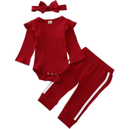 2020 Newborn Baby Girl Knitted Ribbed Clothes Solid Color Romper+Pants+Headband Infant Girls Spring Fall 3Pcs Outfits Set 0-18M