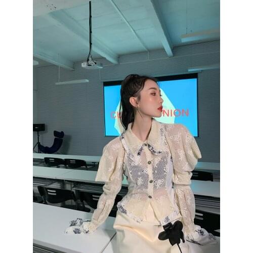 Women blouse design 2021 retro fashion trumpet sleeve fishnet lace stitching bottoming tops shirt