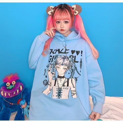 Japanese cartoon printed chain hooded loose Plush autumn and winter long sleeve womens sweatshirt hoodies