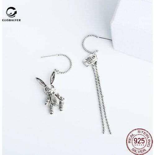 S925 sterling silver Net red bunny can be moved earrings Female Thai silver retro personality asymmetric earrings 536