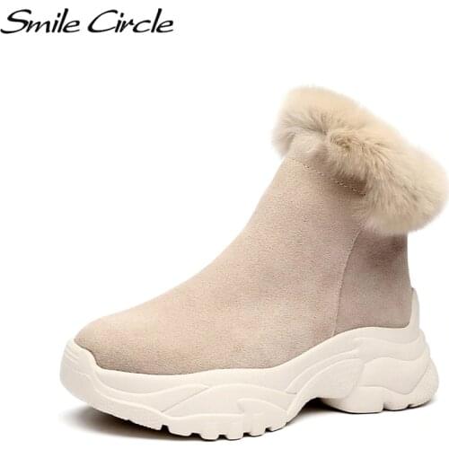Smile Circle Suede leather Ankle Boots Women Flat platform shoes winter plush Keep warm Thick bottom Short Boots Ladies snow boo