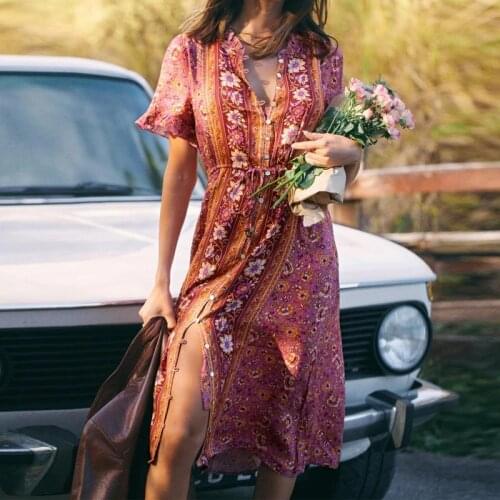 TEELYNN boho flare Sleeve V Neck long dresses Women rayon red Floral Printed button Casual Midi Summer Dress Vestidos 2020 robe