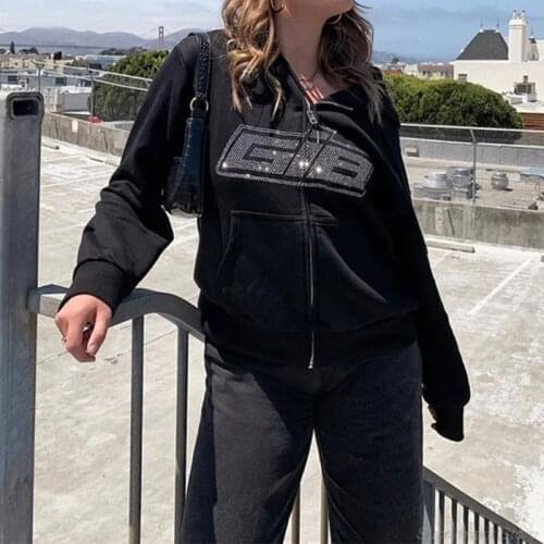 Women Harajuku Long Sleeve Hoodies Jacket Rhinestone Letters Zip Up Sweatshirt Coat Oversized Loose Outwear with Pockets M16 21