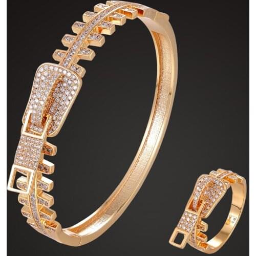 Zlxgirl copper cubic zircon bangle and ring Anniversary Jewelry sets brand Europe gold color Bracelet ring Bijoux Love Bangles