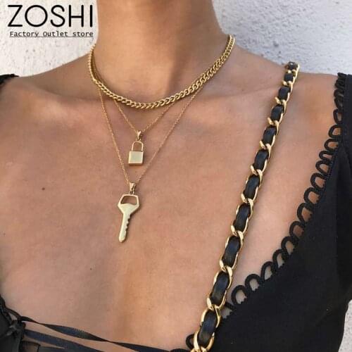ZOSHI Fashion Chain Metal Multilayer Lock Key Pendant Necklace Gold Plated Color New Party Charm Jewelry Accessories For Women