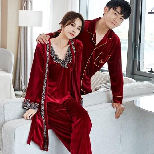 Couple Velvet Pajamas Suit Lovers Sleepwear Men 2Pcs Nightwear Autumn Women Velour Robe Sling Pants 3Pcs Home Wear