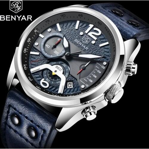 Benyar Design Top Brand New Mens Watch Stainless Steel Waterproof Quartz Watch Mens Military Sports Chronograph Reloj Hombre