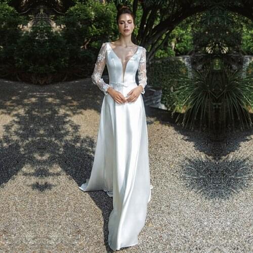 Boho Wedding Dresses with Long Sleeves Appliques Lace Satin Wedding Gowns Custom Made A-Line Princess Bride Dresses