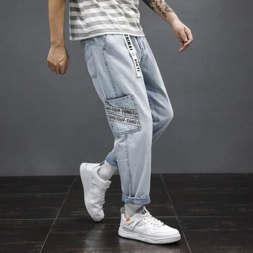 Harajuku Hip hop Men Pants Streetwear light blue Mens Jogging Sweatpants Casual mid Waist Harem Elasticity Pants Male jeans