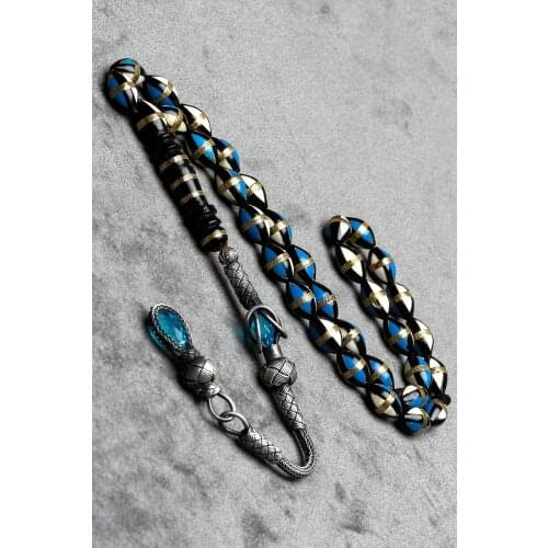 1000 sterling Silver Kazaz Tassels 7x11mm Blue Enamel Inlaid Spiral Kuka Rosary