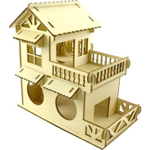 Hamster Hideout Wooden Hut Small Animals Double Layer Villa Rat Room House Cage Exercise Toy with Ladder Board Accessories