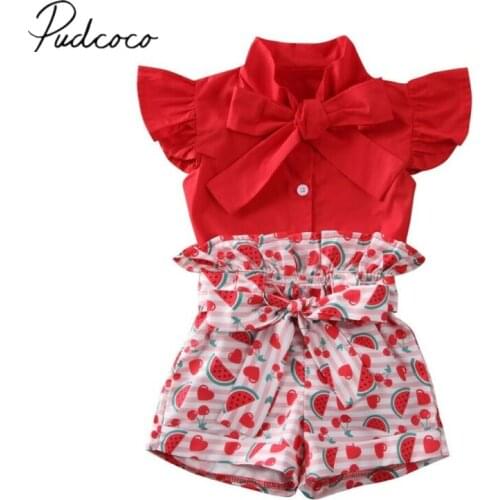 2020 Baby Summer Clothing 1-6T Toddler Kid Baby Girl Solid Red Shirt Top Watermelon Short Pants Outfit Clothes 2Pcs Set Sunsuit