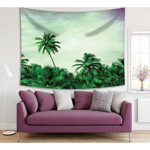 Tapestry Palm Trees Forest Tropical Seaside Nature Cloudy Sky Summer Landscape Photo Printed Green