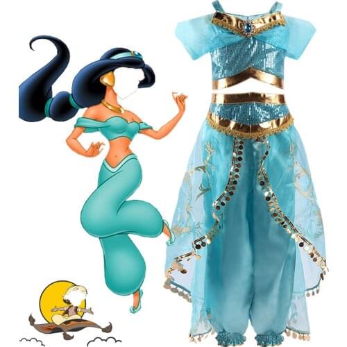 Girls Jasmine Dress Arabian Princess Costume Kids Birthday Party Christmas Fancy Dress Baby Jasmine Cosplay Costume 3-10 Years