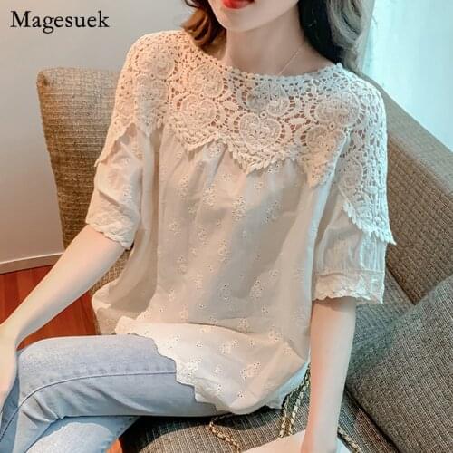 Summer Hollow Out Lace Blouse Women Korean Chic Hook Flower Tops New Sweet Loose Clothes O-neck Casual Beige Blouse Blusas 14612