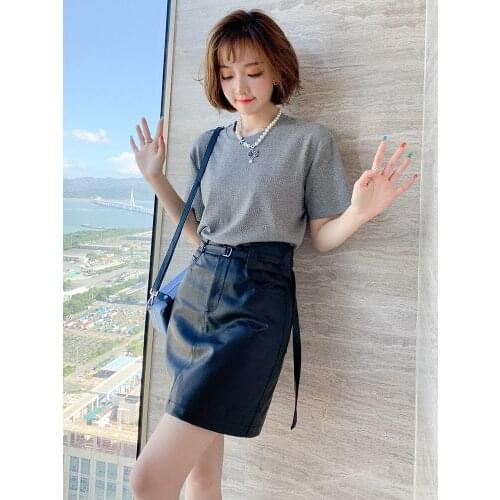 Fashion Hot Drilling Fit Slimming Refreshing Short-Sleeved Temperament round Neck All-match T-shirt Womens 2020 Autumn New