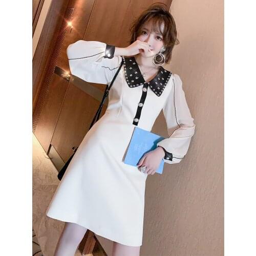 Fashion Lapel ironing and drilling stitching perspective yarn sleeve high waist slim dress 2021 Spring new High Top Quality