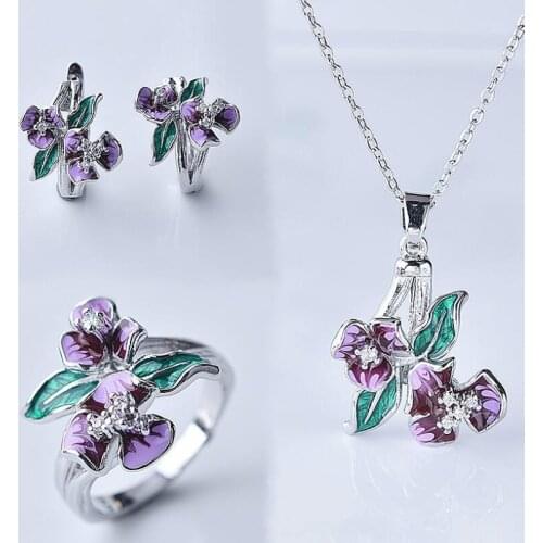 Fashion Jewelry Set For Women Exquisite Purple Enamel Flower Ring Earrings Pendant Necklace Engagement Wedding Jewelry Sets