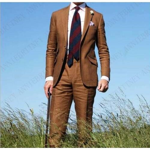 ANNIEBRITNEY Linen Brown Summer Men Suit Wedding Suits for Men Classic Beach Tuxedo Casual Blazer Custom Big Size Suits Set 2019