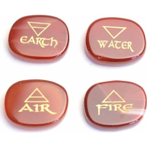 Set of 4 Natural Carnelian Healing Crystal Engraved Reiki 4 Elemental of Earth Water Air Fire Palm Stone with a Free Pouch