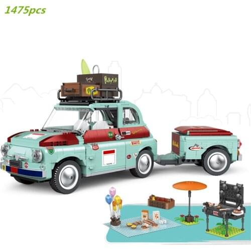 NEW Tourist Picnic Car Party Trailer Tractor Model Building Blocks Kit Bricks Creator Expert MOC Transport Vehicle Toys For Kids