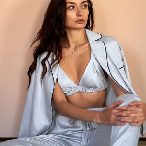 Solid Satin Robe Set With Bra Sexy Pajamas Set Female Home Suit For Women Pajama 2021 Spring Long Sleeve Sleepwear Fashion