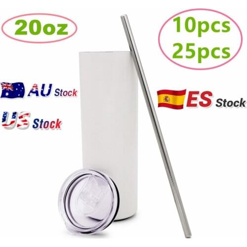 10pcs 20oz Bulk Sublimation Blank White Skinny Tumbler Stainless Steel Double Wall Heat Transfer Water Bottle Metal Cups