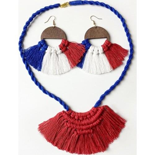 Originality Jewelry Necklace Set Festival July 4th Independence Day USA Long Bohemia Unique Macrame Statement Necklace for Party