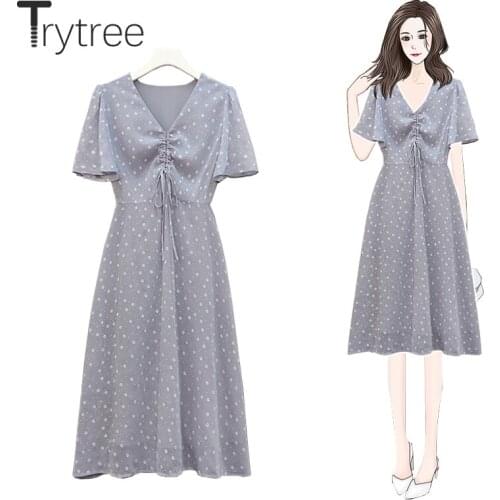 Trytree Summer Women Dress Casual V-neck Flare Sleeve Drawstring Bust Printed A-line Silky Elegant Office Lady Mid-Calf Dress