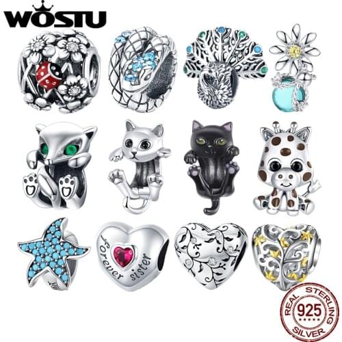 WOSTU Authentic 925 Sterling Silver Cute Ladybug Cat Beads Charms Pendant Fit Bracelets Women Party DIY Fine Jewelry Gift Making