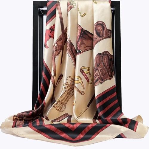 Popular 90X90CM Satin Kerchief New Summer Sunscreen Silk Scarf Fashion Chain Print Square Bandana Female High-Grade Beach Shawl