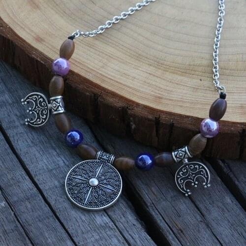 Purple Beads With Natural Stone Pendant, Slavic inspirations, Viking Age Dress Kette Necklace Brooch Tribal Jewelry For Women