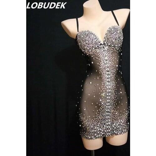 Sexy perspective Black Rhinestones Dress See-through Mesh Crystals Dress Party Celebration Dress Women Singer Nightclub Costumes