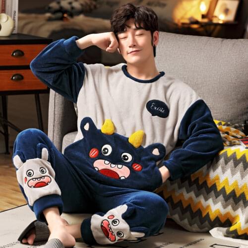 Long Sleeve Warm Flannel Pajamas Winter Men Pajama Sets Print Thicken Sleepwear Suit Plus Size 4XL 5XL 95kg Boy Homewear Clothes