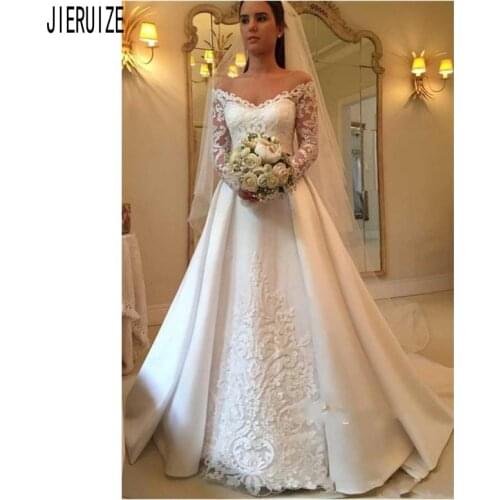 JIERUIZE Vintage Wedding Dress V Neck Long Sleeves Appliques Satin Wedding Gowns For Bride Vestido De Noiva