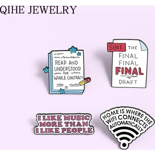Funny Quote Enamel Pin Book Post-it WiFi Brooches Backpacks Lapel Pin Badge Cartoon Metal Jewelry Gift for Friends Wholesale