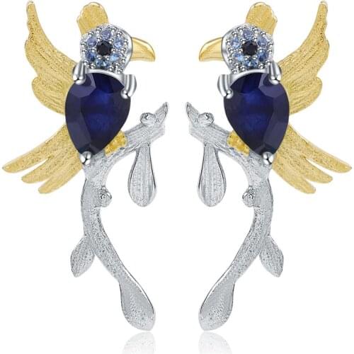GEMS BALLET 925 Sterling Silver Gemstone Earrings for Women Wedding 1.30Ct Natural Sapphire Handmade Cute Bird Stud Earrings