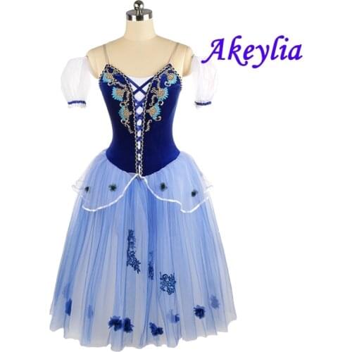 Blue white ballet costume Dance fairy flower Long Ballet dress Romantic Giselle royal blue Performance Costumes for women JNBL49
