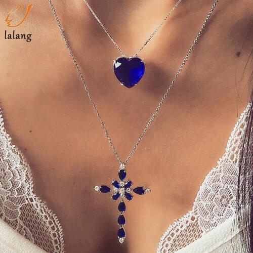 Multilayer Blue Crystal Heart Cross Pendant Necklace For Women Fashion Rhinestone Ocean Jewelry Choker Valentines Day