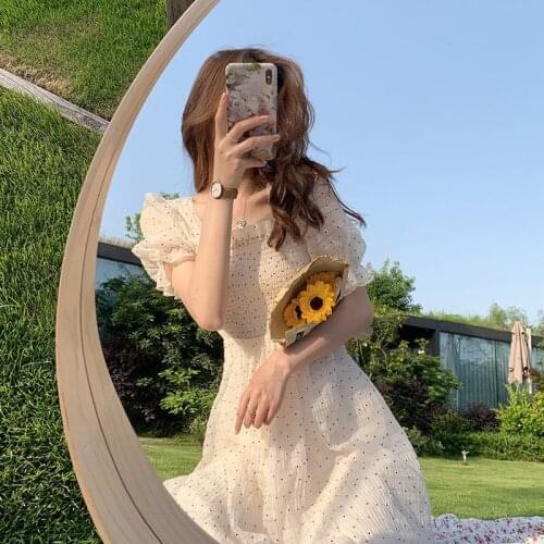 Sweet Floral Dress Women Summer 2021 Dot Print Puff Sleeve Chiffon Dress Korean Style Square Collar Party Midi Dress For Female