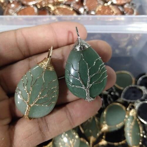 Gold Color Wire WrapHandmade Tree Of lLife Drop Shape Natural Green Aventurine Pendants