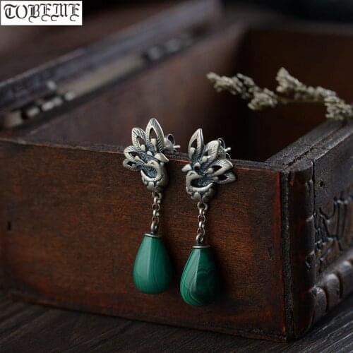 100% 925 Silver Bohemia Earrings 925 Sterling Peacock Women Earrings Natural Malachite Earrings