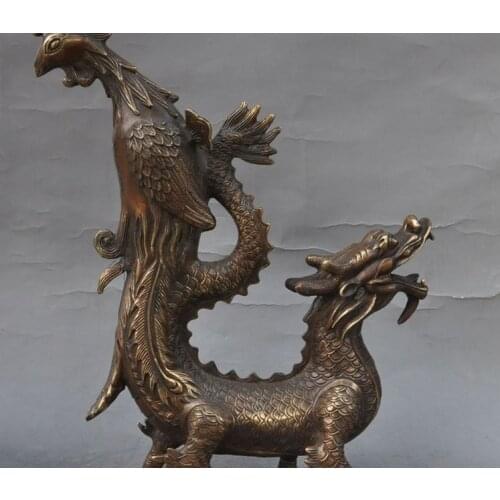 15"Auspicious chinese palace bronze fengshui dragon phoenix statue art Figurines